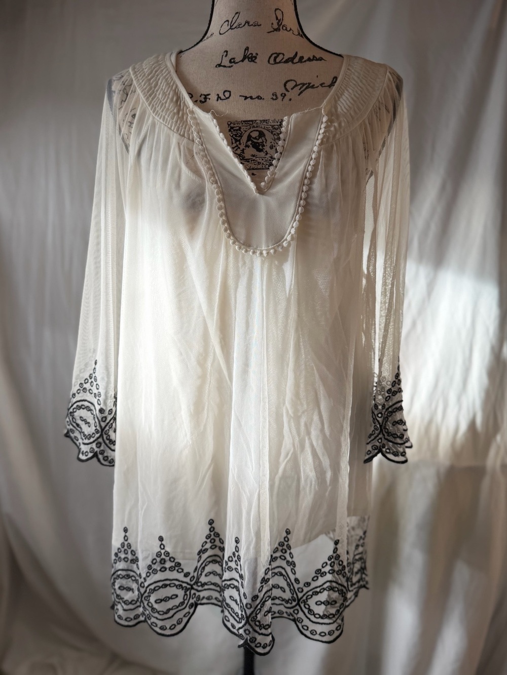 Alfani White Tunic with Black Embroidered Hem & Cuffs